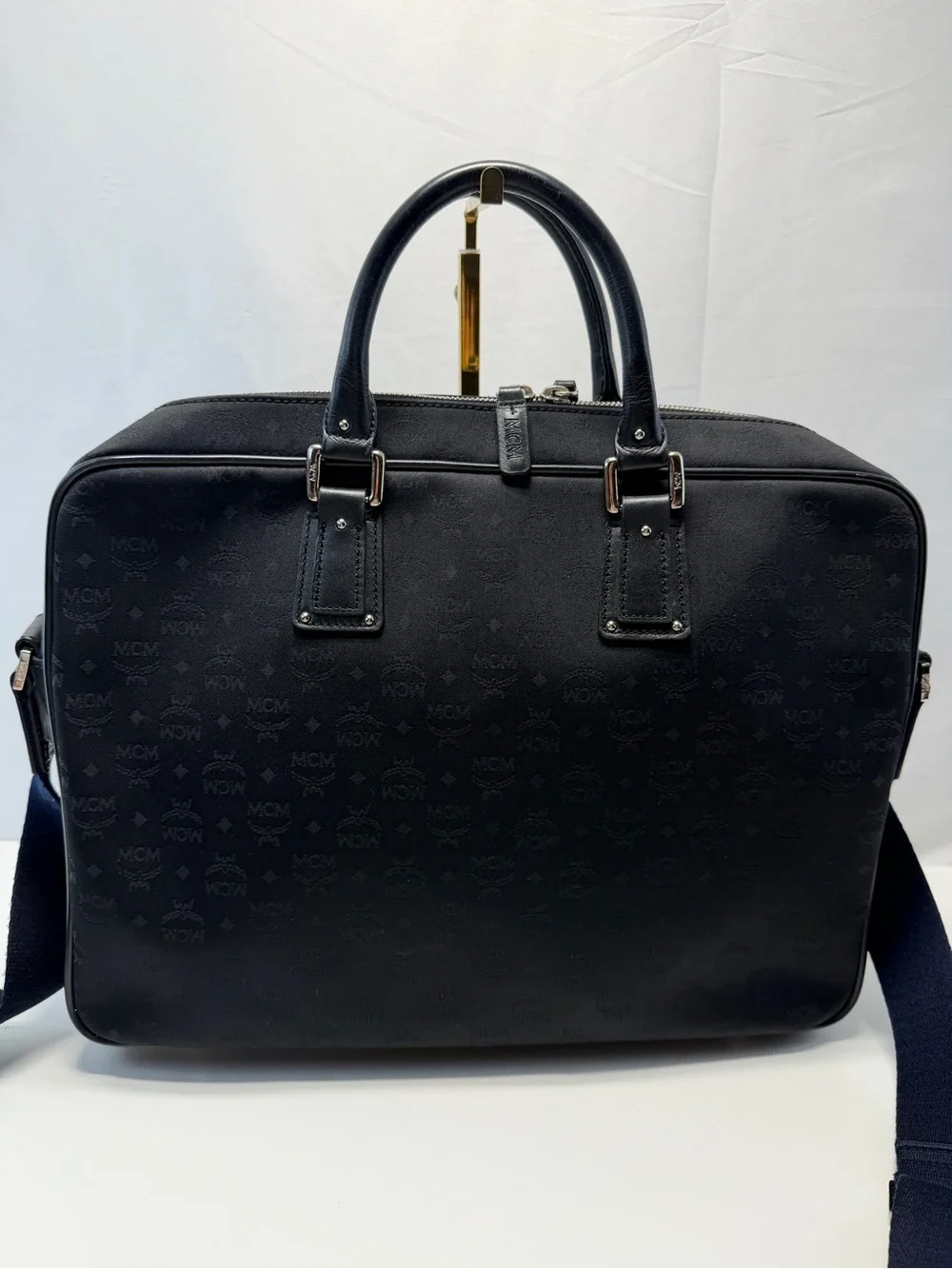 MCM Black Leather Briefcase with Navy Strap